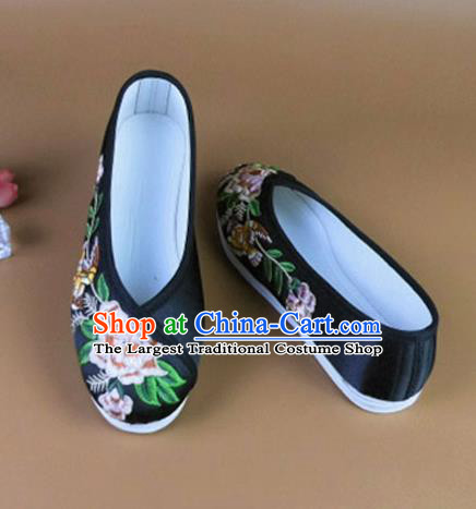 Asian Chinese National Embroidered Peony Black Shoes Ancient Princess Satin Shoes Traditional Hanfu Shoes for Women