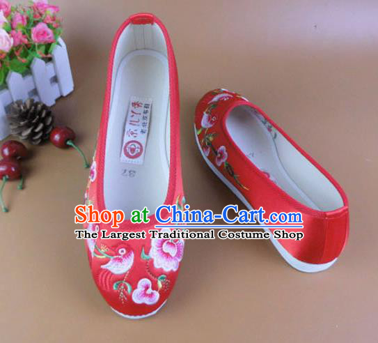 Asian Chinese National Embroidered Peach Blossom Red Shoes Ancient Princess Satin Shoes Traditional Hanfu Shoes for Women