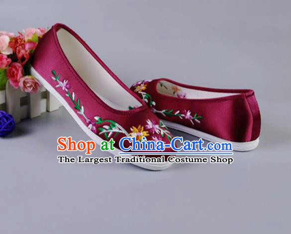 Asian Chinese National Wine Red Satin Shoes Ancient Princess Embroidered Shoes Traditional Hanfu Shoes for Women