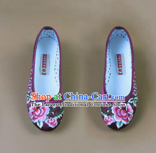 Asian Chinese National Purple Embroidered Peony Shoes Ancient Princess Satin Shoes Traditional Hanfu Shoes for Women