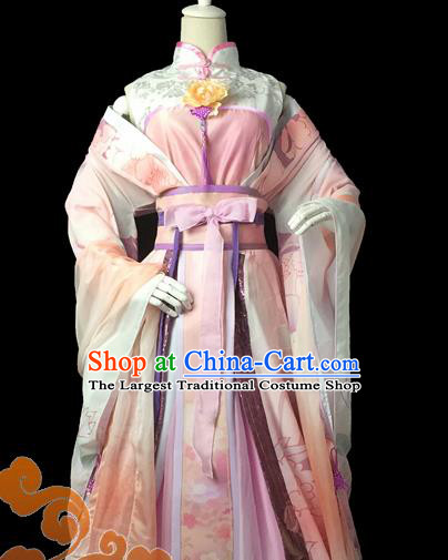 Chinese Traditional Cosplay Swordswoman Fairy Pink Dress Custom Ancient Tang Dynasty Princess Costume for Women