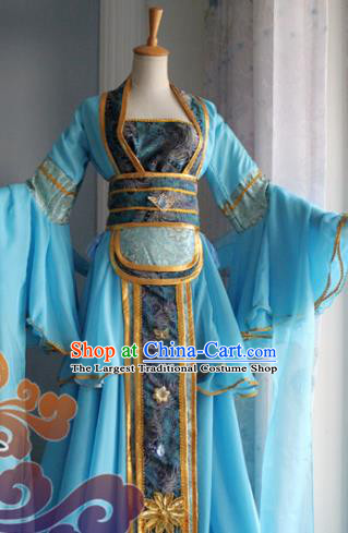 Traditional Chinese Cosplay Fairy Court Maid Blue Dress Ancient Swordswoman Costume for Women