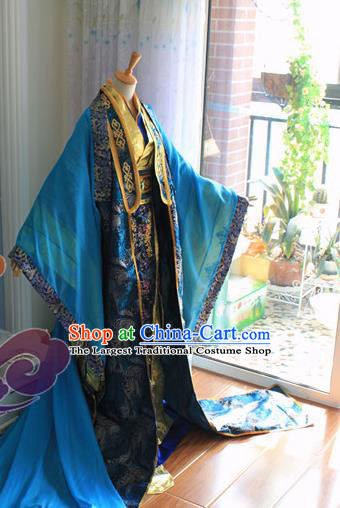 Custom Chinese Ancient Royal Highness Blue Clothing Traditional Cosplay Emperor Swordsman Costume for Men