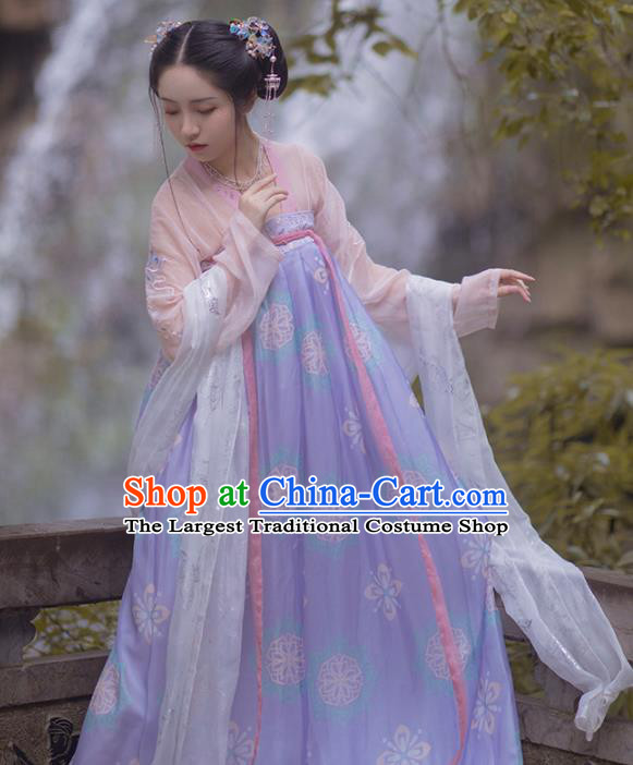 Chinese Ancient Tang Dynasty Palace Lady Lilac Hanfu Dress Traditional Court Maid Costumes for Women