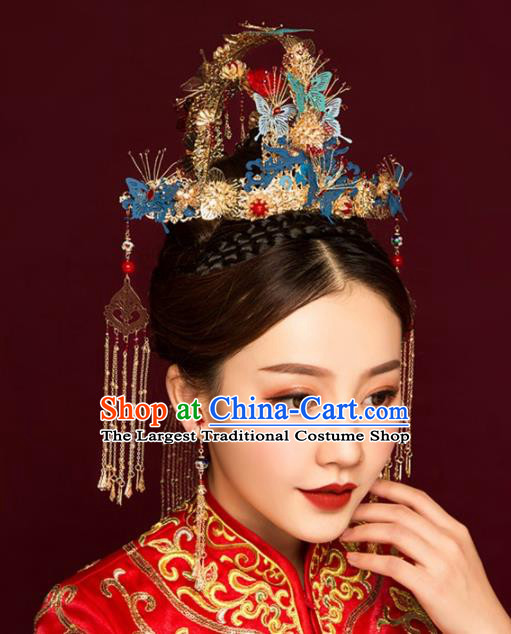 Chinese Ancient Bride Blue Butterfly Phoenix Coronet Tassel Hairpins Traditional Hanfu Wedding Hair Accessories for Women