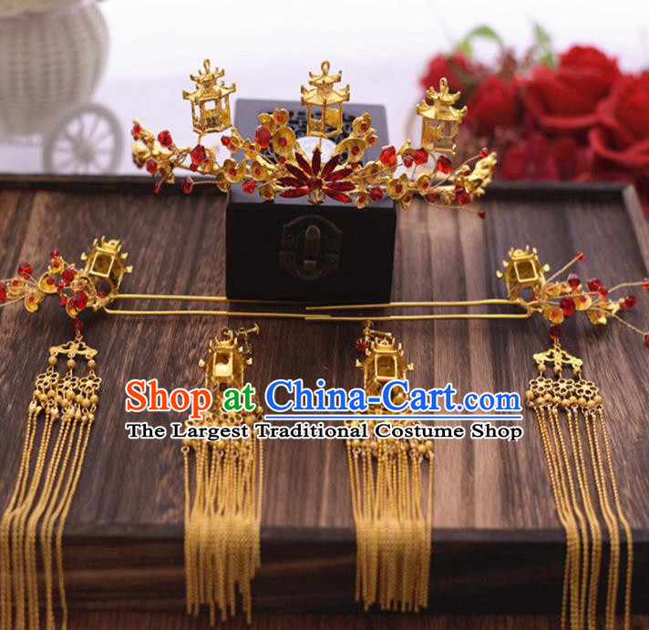 Chinese Ancient Bride Hair Crown Tassel Hairpins Traditional Hanfu Wedding Hair Accessories for Women