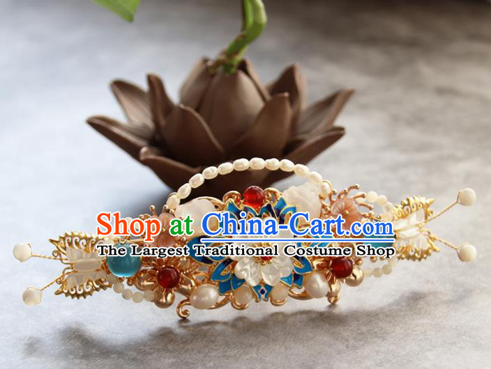 Chinese Ancient Princess Blueing Lotus Pearls Hairpins Traditional Handmade Hanfu Hair Accessories for Women