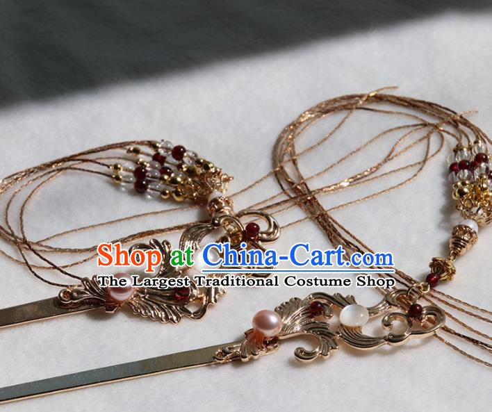 Chinese Ancient Princess Golden Hairpins Tassel Step Shake Traditional Handmade Hanfu Hair Accessories for Women