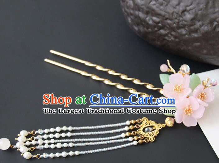 Chinese Ancient Princess Pink Flowers Tassel Hairpins Traditional Handmade Hanfu Hair Accessories for Women