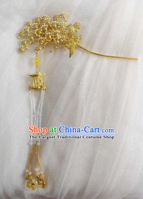 Chinese Ancient Princess Golden Pine Tassel Hairpins Traditional Handmade Hanfu Hair Accessories for Women