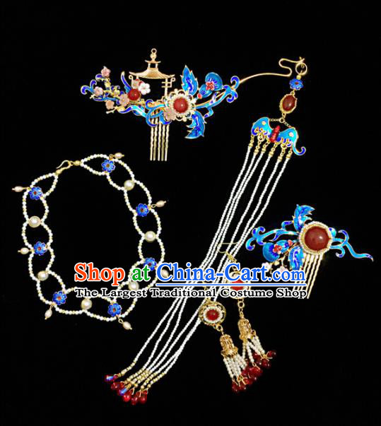 Chinese Ancient Princess Blueing Hair Comb Tassel Hairpins Traditional Handmade Hanfu Hair Accessories for Women