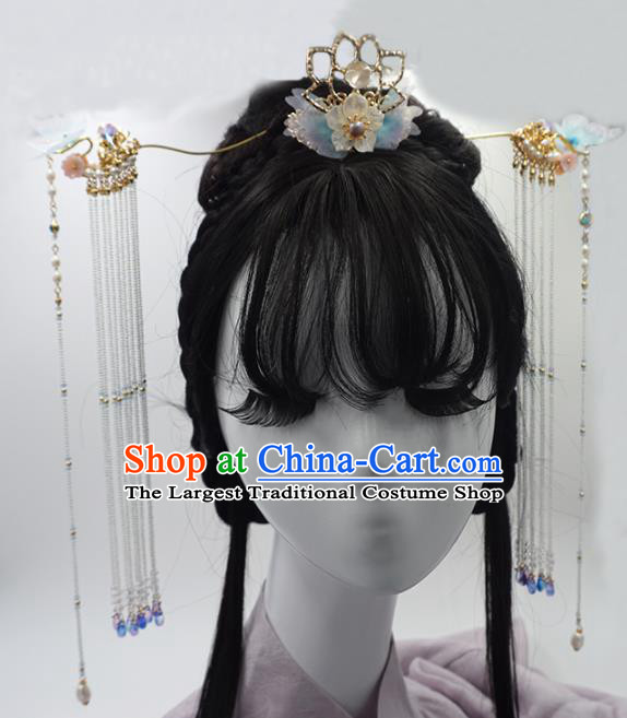 Chinese Ancient Princess Lotus Hair Crown Tassel Hairpins Traditional Handmade Hanfu Hair Accessories for Women