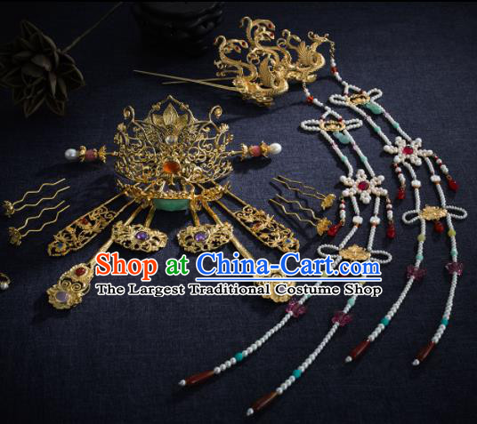 Ancient Chinese Ming Dynasty Lotus Hair Crown Tassel Hairpins Traditional Hanfu Court Hair Accessories Complete Set for Women