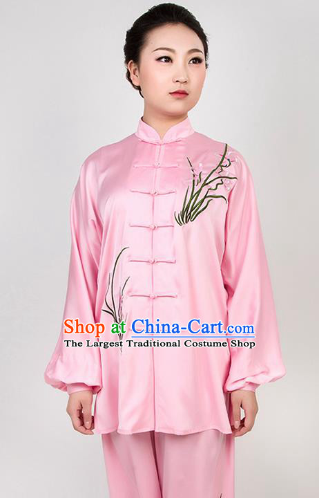 Chinese Traditional Martial Arts Embroidered Orchid Pink Costume Best Kung Fu Competition Tai Chi Training Clothing for Women