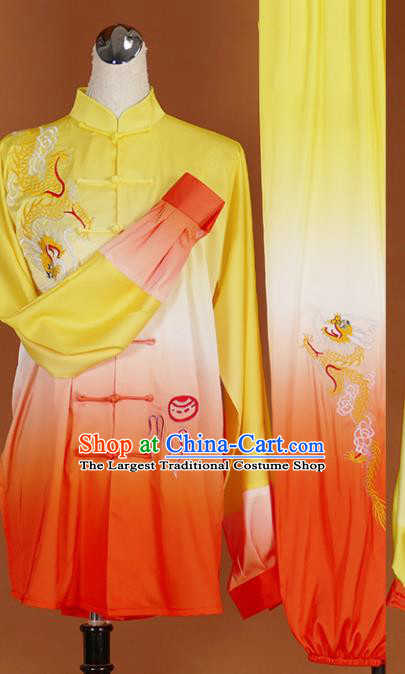 Chinese Traditional Martial Arts Competition Embroidered Dragon Orange Costume Kung Fu Tai Chi Training Clothing for Men