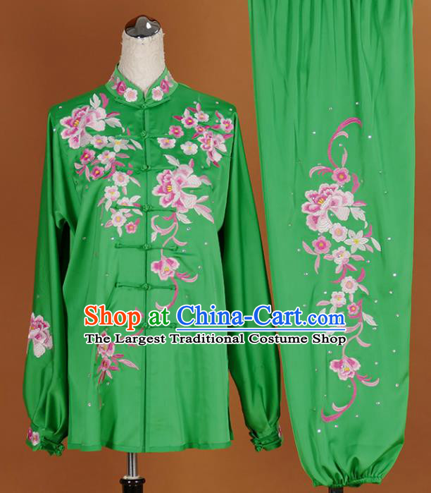 Chinese Traditional Best Martial Arts Embroidered Peony Green Costume Kung Fu Competition Tai Chi Clothing for Women