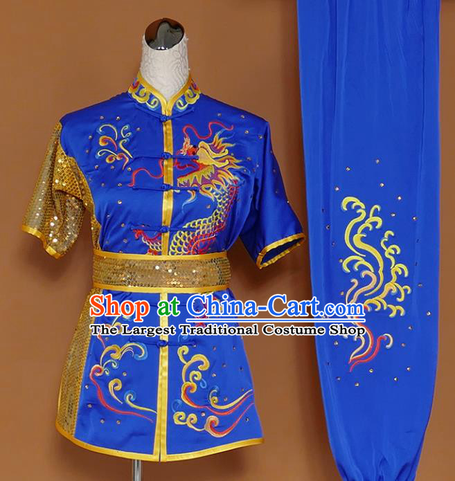 Best Martial Arts Competition Embroidered Dragon Royalblue Uniforms Chinese Traditional Kung Fu Tai Chi Training Costume for Men