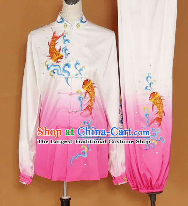 Chinese Traditional Best Martial Arts Embroidered Carp Rosy Costume Kung Fu Competition Tai Chi Clothing for Women