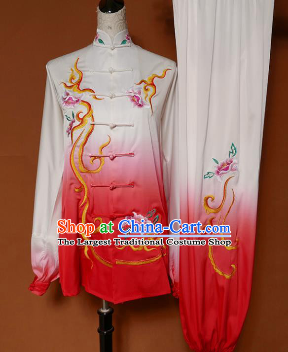 Chinese Traditional Best Martial Arts Embroidered Peony Red Costume Kung Fu Competition Tai Chi Clothing for Women