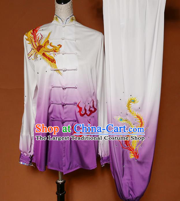 Chinese Traditional Best Martial Arts Embroidered Phoenix Purple Costume Kung Fu Competition Tai Chi Clothing for Women