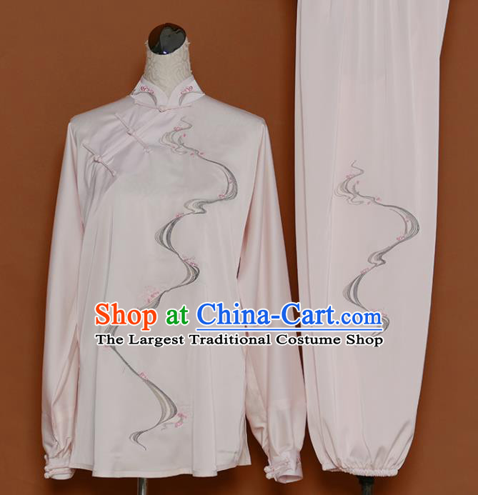 Chinese Traditional Best Martial Arts Printing Light Pink Costume Kung Fu Competition Tai Chi Clothing for Women