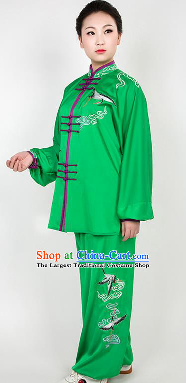 Chinese Traditional Martial Arts Embroidered Crane Green Costume Best Kung Fu Competition Tai Chi Training Clothing for Women