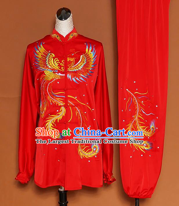 Chinese Traditional Best Martial Arts Embroidered Phoenix Red Costume Kung Fu Competition Tai Chi Clothing for Women