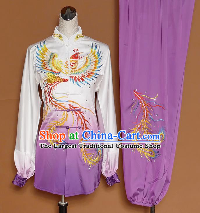 Chinese Traditional Best Martial Arts Embroidered Phoenix Purple Costume Kung Fu Competition Tai Chi Clothing for Women