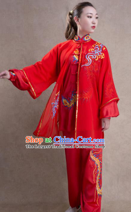 Chinese Traditional Martial Arts Embroidered Red Costume Kung Fu Tai Chi Training Clothing for Women