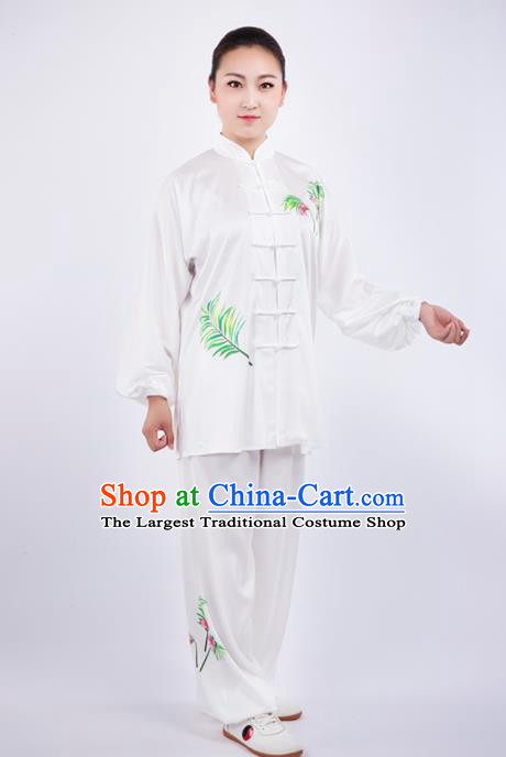 Chinese Traditional Martial Arts Competition Printing White Costume Kung Fu Tai Chi Training Clothing for Women