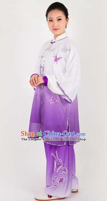 Chinese Traditional Martial Arts Embroidered Purple Costume Kung Fu Competition Tai Chi Training Clothing for Women