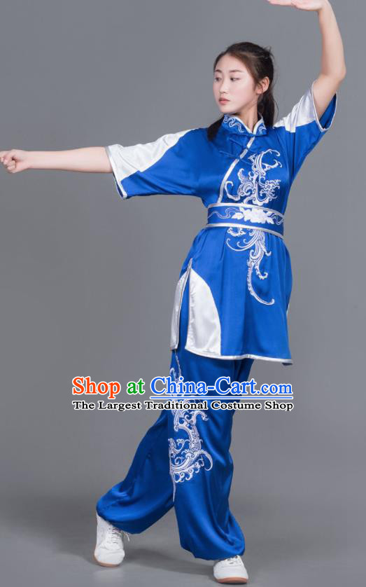 Professional Chinese Martial Arts Embroidered Royalblue Costume Traditional Kung Fu Competition Tai Chi Clothing for Women