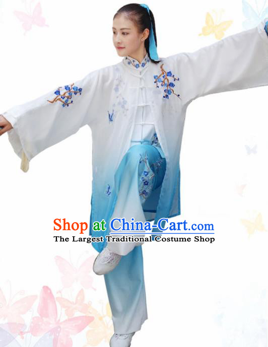 Professional Chinese Martial Arts Embroidered Plum Blue Costume Traditional Kung Fu Competition Tai Chi Clothing for Women