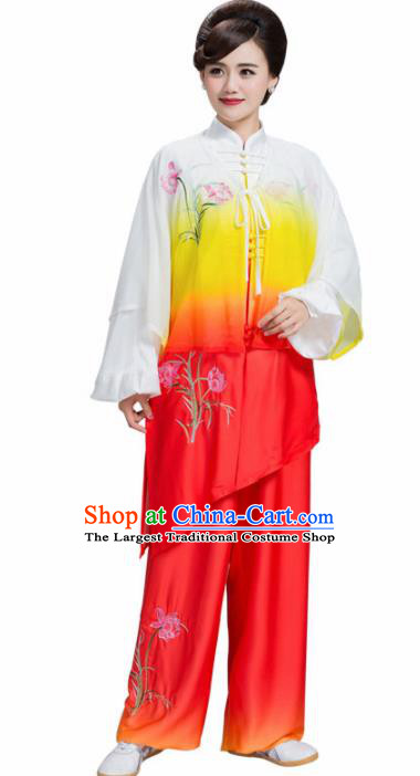 Professional Chinese Martial Arts Embroidered Lily Flower Orange Costume Traditional Kung Fu Competition Tai Chi Clothing for Women