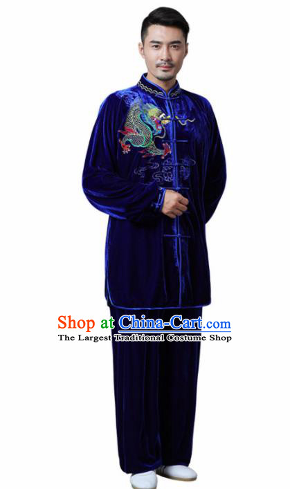 Traditional Chinese Martial Arts Competition Printing Dragon Royalblue Velvet Uniforms Kung Fu Tai Chi Training Costume for Men