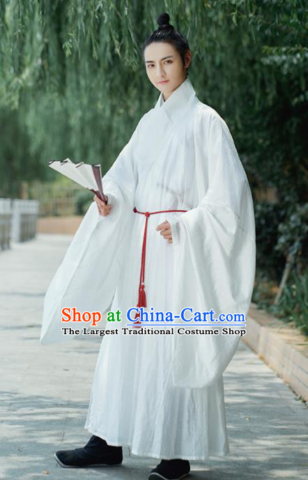 Traditional Chinese Ming Dynasty Scholar White Robe Ancient Drama Taoist Priest Replica Costumes for Men