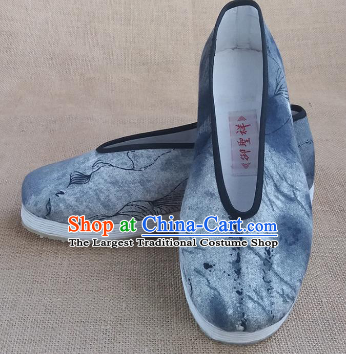 Traditional Chinese Printing Grey Shoes Handmade Multi Layered Cloth Shoes Martial Arts Shoes for Men