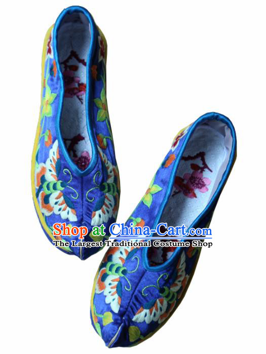 Traditional Chinese Embroidered Butterfly Royalblue Shoes Handmade Hanfu Shoes Ancient Princess Satin Shoes for Women