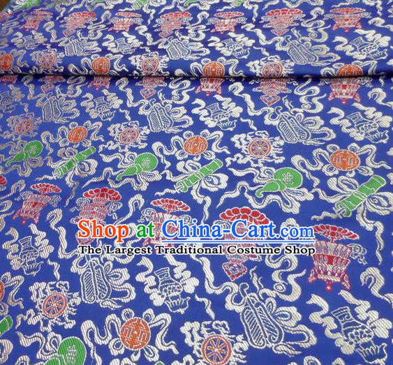 Asian Chinese Buddhism Traditional Eight Treasures Pattern Design Blue Brocade Fabric Tibetan Robe Silk Material