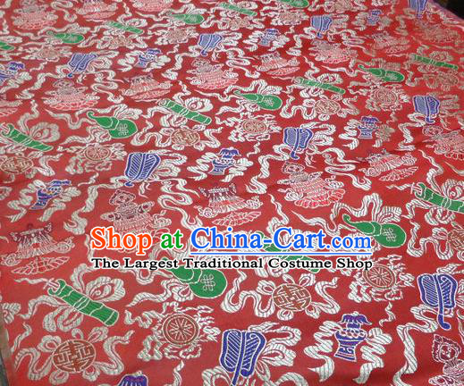 Asian Chinese Buddhism Traditional Eight Treasures Pattern Design Red Brocade Fabric Tibetan Robe Silk Material