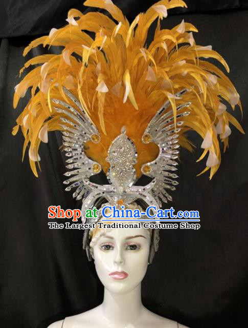 Customized Halloween Cosplay Deluxe Yellow Feather Hair Accessories Brazil Parade Catwalks Giant Headpiece for Women