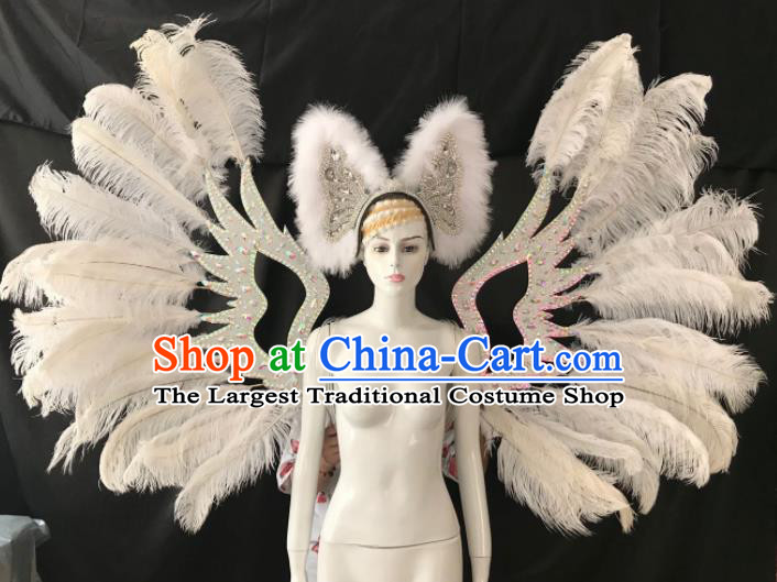 Customized Halloween Samba Dance White Feather Props Brazil Parade Wings Backboard and Headpiece for Women