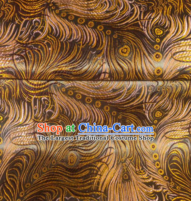 Asian Chinese Traditional Feather Pattern Design Brown Brocade Fabric Cheongsam Silk Material