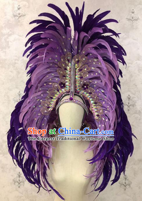 Customized Halloween Cosplay Purple Feather Hair Accessories Brazil Parade Samba Dance Giant Headpiece for Women