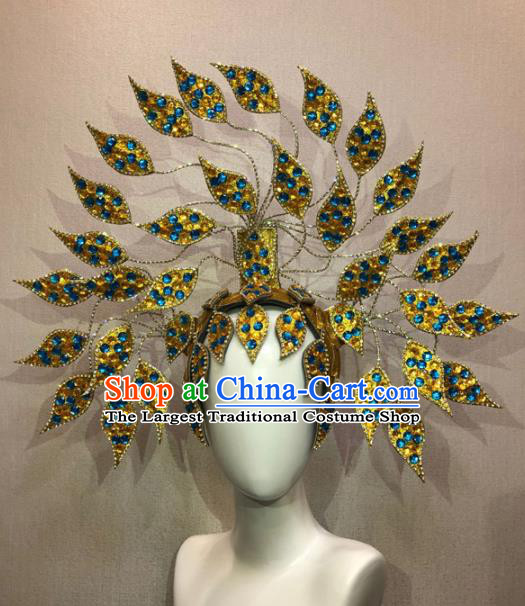 Customized Halloween Carnival Blue Crystal Hair Accessories Brazil Parade Samba Dance Giant Headpiece for Women