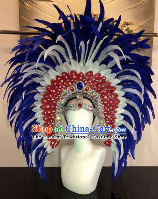 Customized Halloween Carnival Blue Feather Giant Hair Accessories Brazil Parade Samba Dance Headpiece for Women