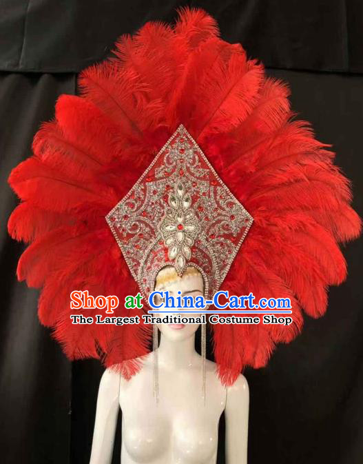 Customized Halloween Carnival Red Feather Giant Hair Accessories Brazil Parade Samba Dance Headpiece for Women