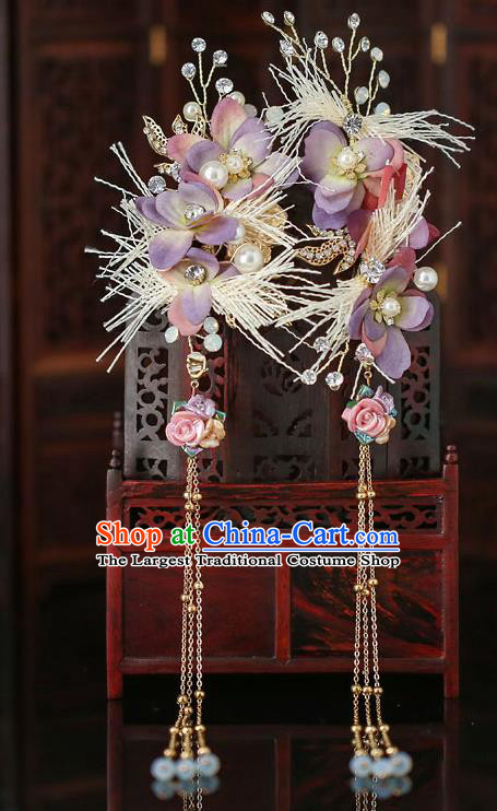 Top Chinese Traditional Purple Flowers Tassel Hair Claws Handmade Hanfu Hairpins Hair Accessories for Women