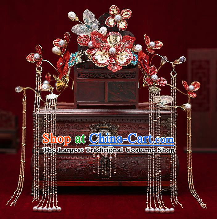 Top Chinese Traditional Red Flowers Phoenix Coronet Wedding Bride Handmade Hairpins Hair Accessories Complete Set