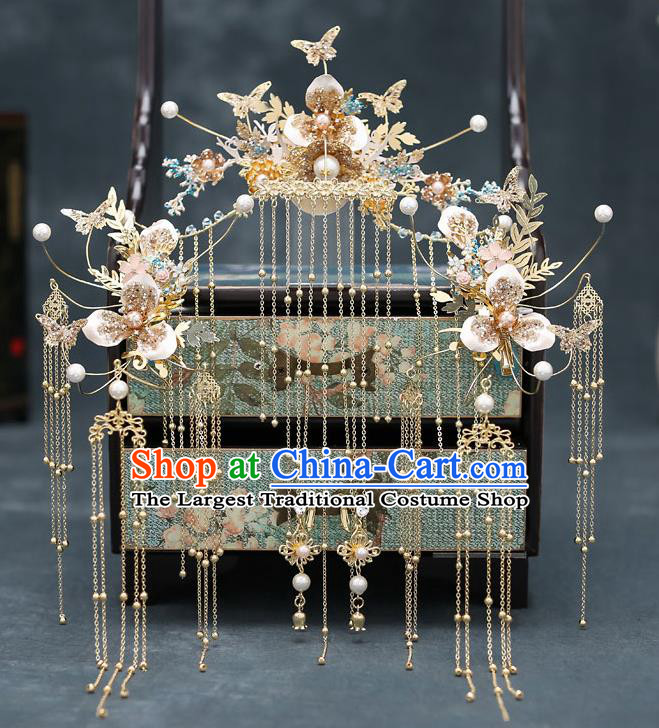 Top Chinese Traditional Golden Butterfly Tassel Phoenix Coronet Wedding Bride Handmade Hairpins Hair Accessories Complete Set